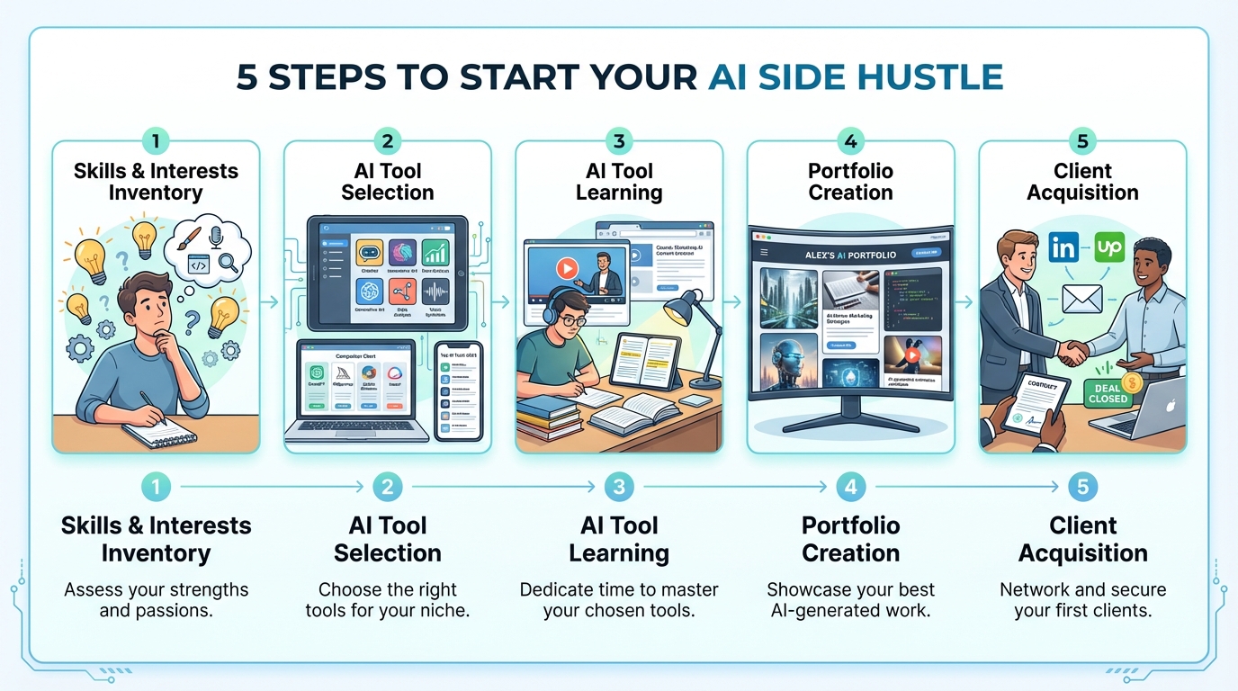 AI副業を始めるための5つのステップを図解。ステップ1：スキルと興味の棚卸し、ステップ2：AIツール選定、ステップ3：AIツール学習、ステップ4：ポートフォリオ作成、ステップ5：案件獲得。各ステップをイラストとテキストで分かりやすく表現する。
