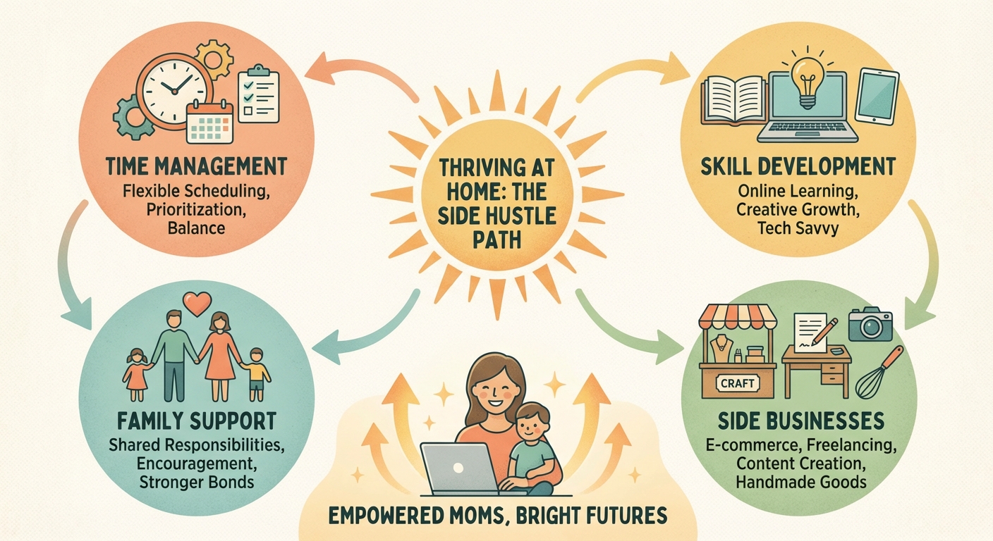 在宅ママが副業で輝く未来を描いたインフォグラフィック。時間管理、スキルアップ、家族の協力体制、副業の種類などを視覚的に表現