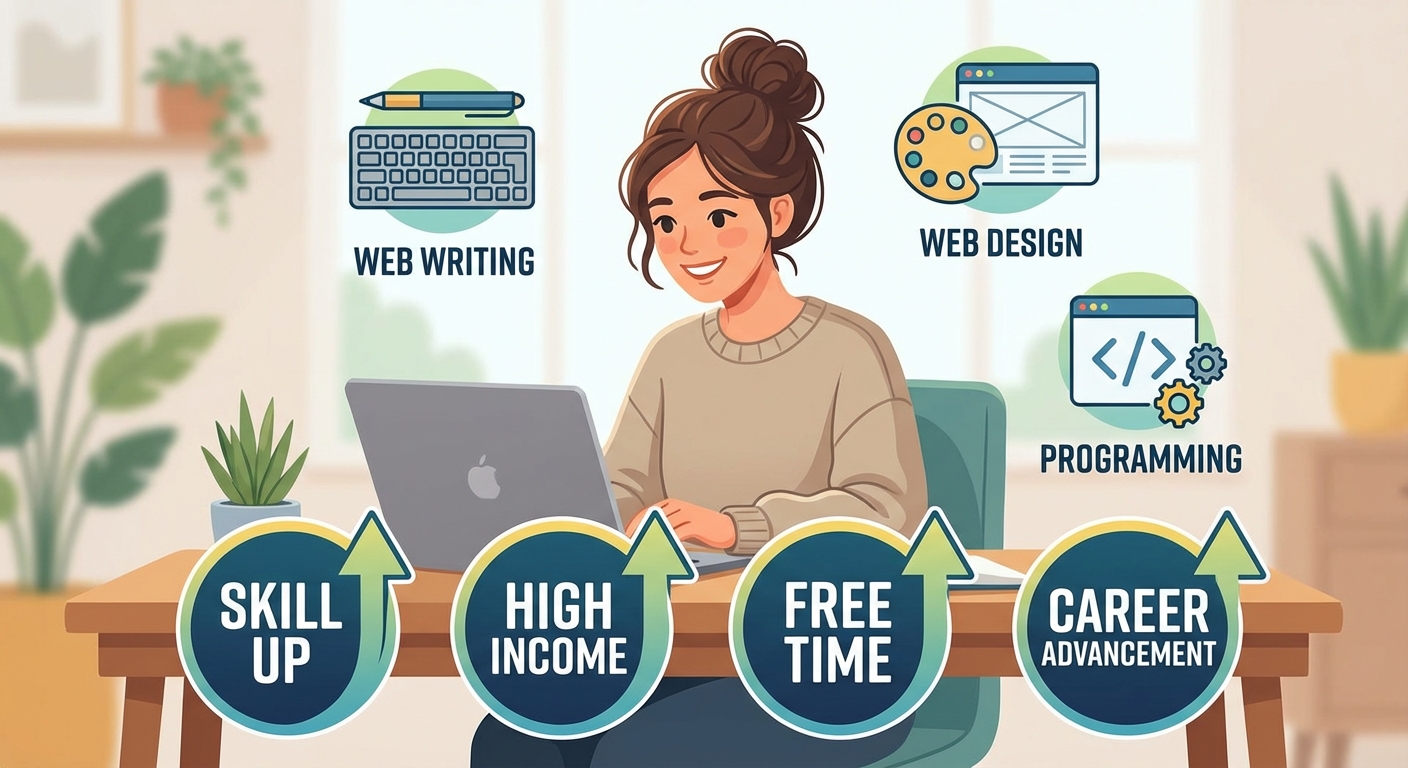 在宅ママがPCに向かって笑顔で仕事をしているインフォグラフィック。WEBライティング、WEBデザイン、プログラミングのアイコンと、スキルアップ、高収入、自由な時間、キャリアアップなどのキーワードを配置。