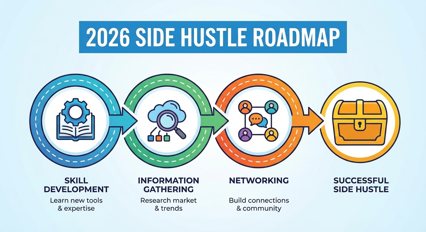 2026年の副業ロードマップ（スキルアップ、情報収集、ネットワーキングの3つの要素を図解で示す）スキルアップ→情報収集→ネットワーキング→成功の副業 の流れをイラストで表現