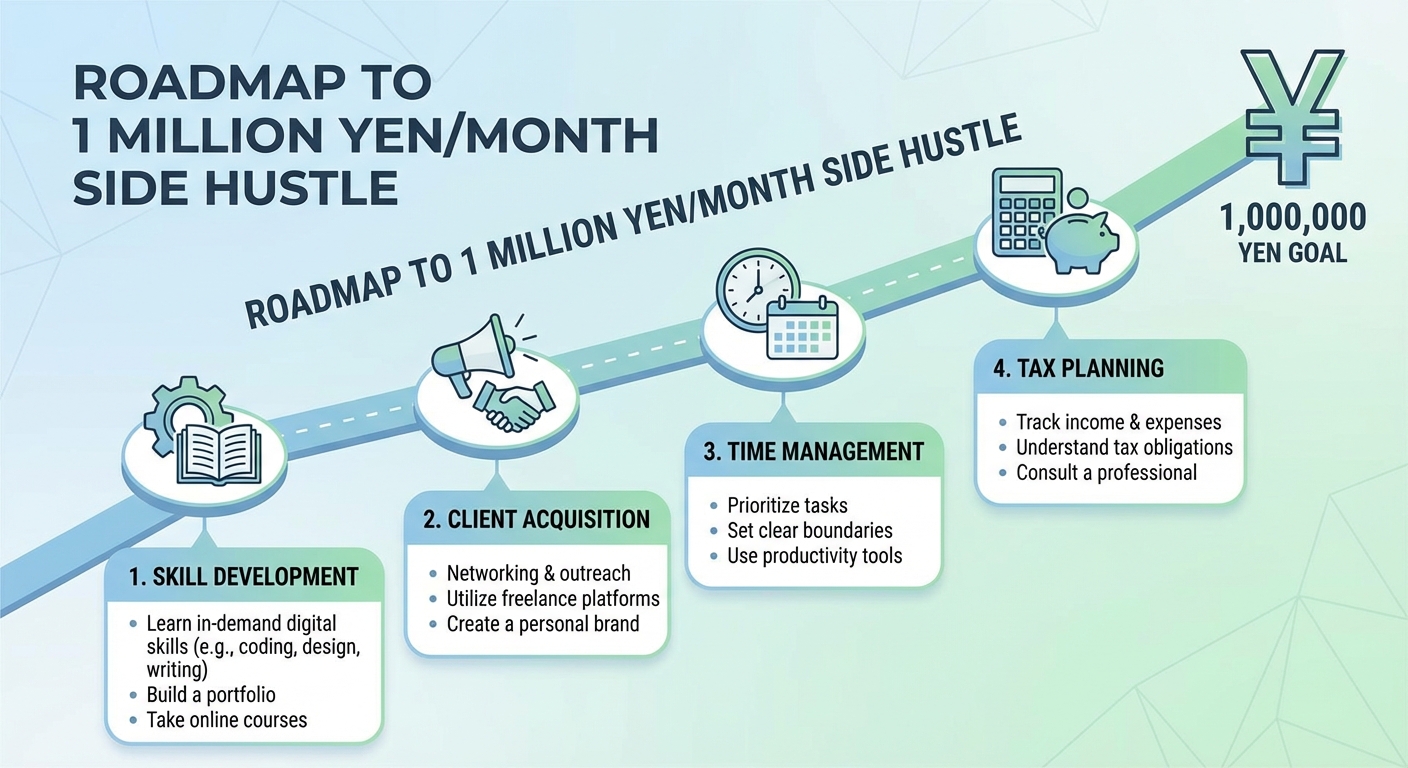 副業で月収100万円を達成するためのロードマップ。スキルアップ、案件獲得、時間管理、税金対策など、各ステップを図解で示す。テキスト：各ステップの具体的なアクションプランを箇条書きで記載。