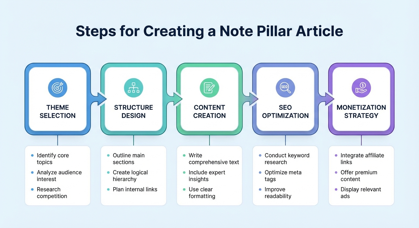 noteピラー記事作成手順のフローチャート。テーマ選定→構成設計→コンテンツ作成→SEO対策→収益化戦略の順にステップが示され、各ステップには具体的なタスクが記述されている。