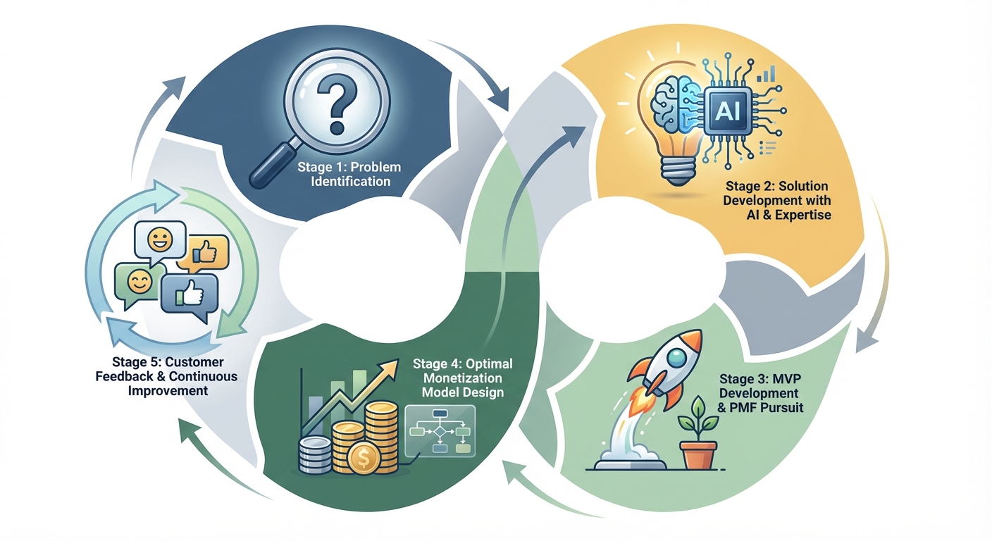 AIサービス収益化の成功サイクル図：課題発見→AI×専門性によるソリューション開発→MVP開発とPMF追求→最適なマネタイズモデル設計→顧客フィードバックと継続的改善