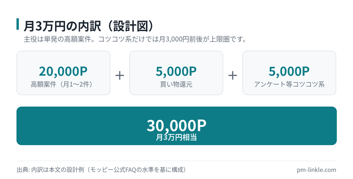 ポイントサイト副業で月3万円をつくる内訳の計算図。高額案件2万ポイント、買い物還元5千ポイント、アンケート等5千ポイントの合計3万ポイント